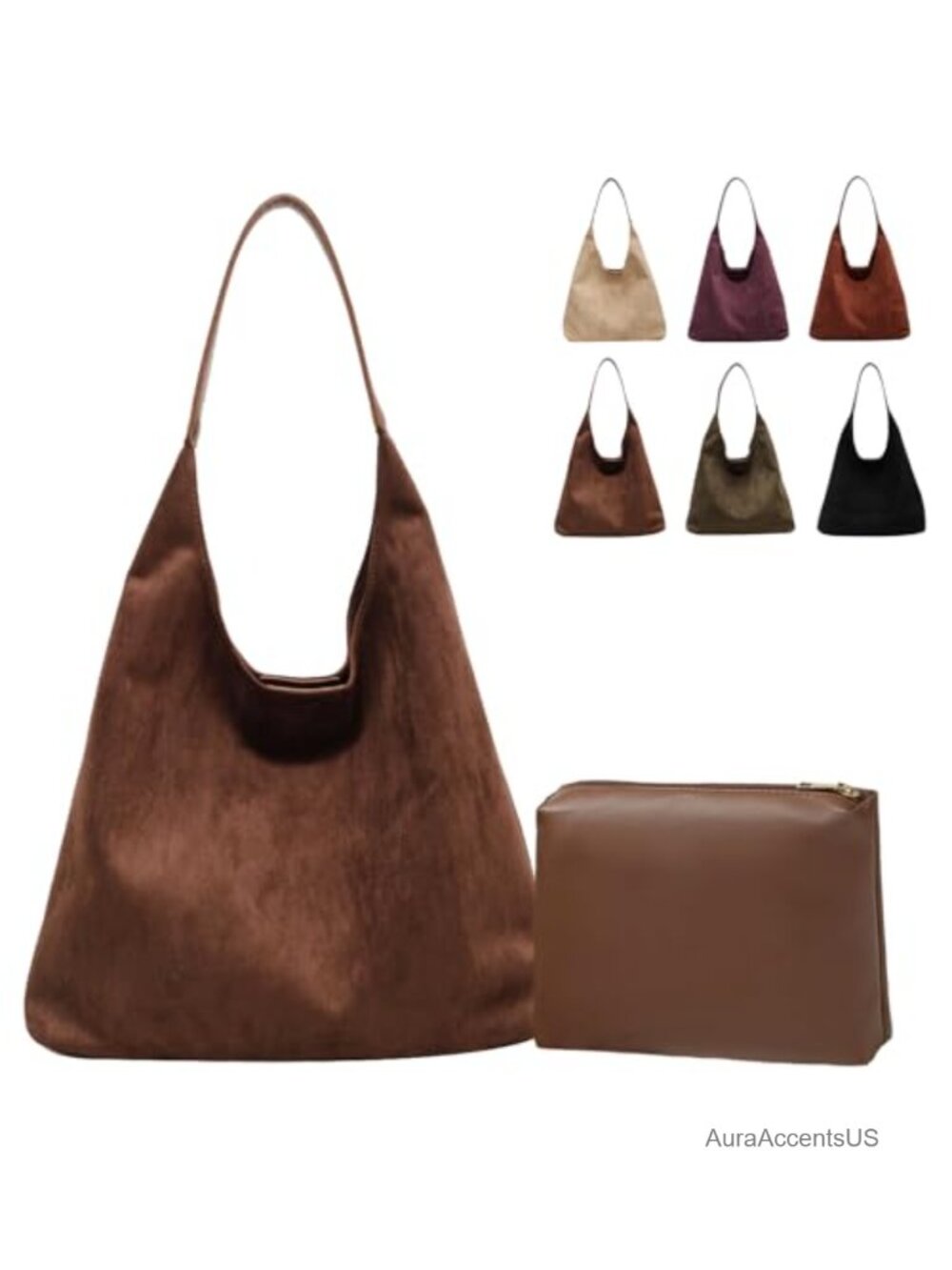 Faux Suede Slouchy Hobo Tote Bag with Wallet Pockets Work Travel Purse